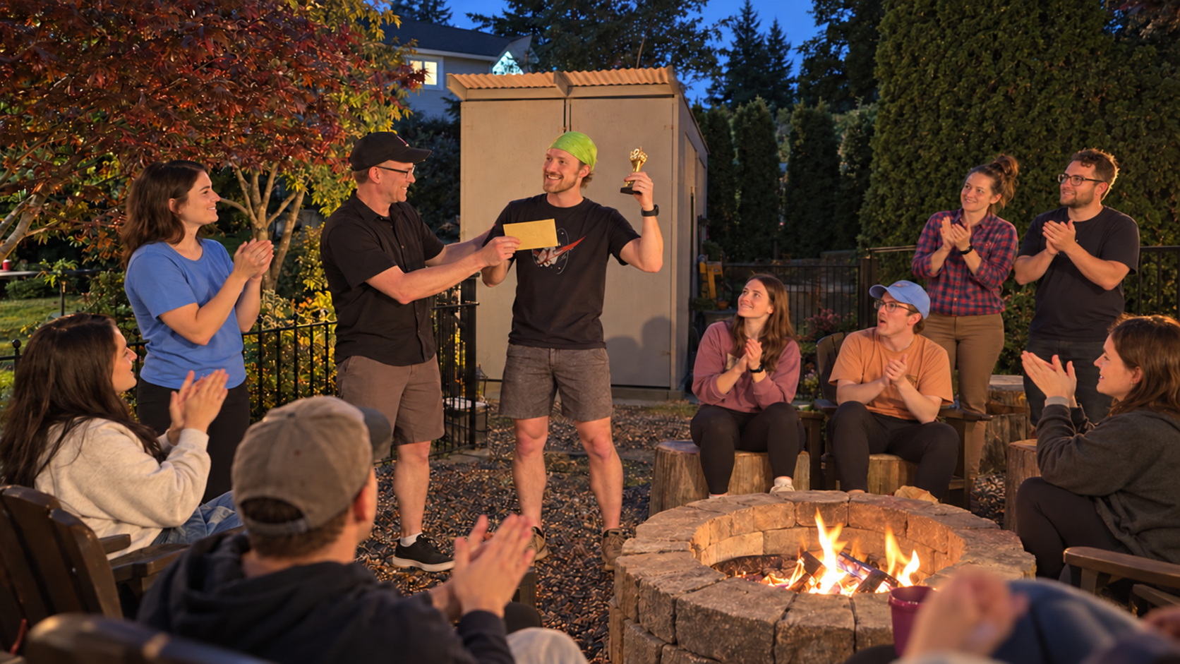 Friends cheering as the Sole Survivor raises a trophy by the fire pit